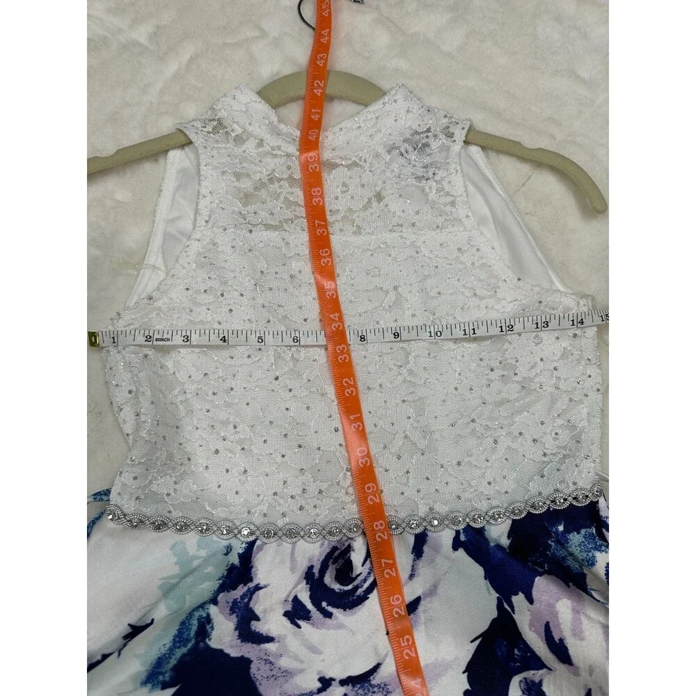Floral High Low Dress White Lace Beaded Bodice Blue Satin Skirt Size 10 Formal
